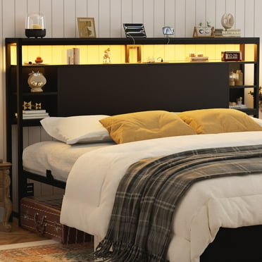 Homieasy King Headboard with Storage, Headboards with Power Outlets and Smart LED Light, Sturdy Head Board for King Size Bed, Black
