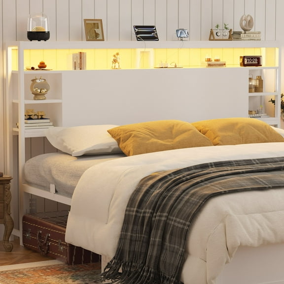 Homieasy King Headboard with Storage, Headboards with Power Outlets and Smart LED Light, Sturdy Head Board for King Size Bed, White