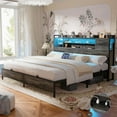 thumbnail image 1 of Homieasy King Size Bed Frame with Headboard, Metal Platform Bed Frame with Reversible Storage Bookcase Headboard, Charging Station and LED Light, No Box Spring Needed/Noise Free, Black Oak, 1 of 7