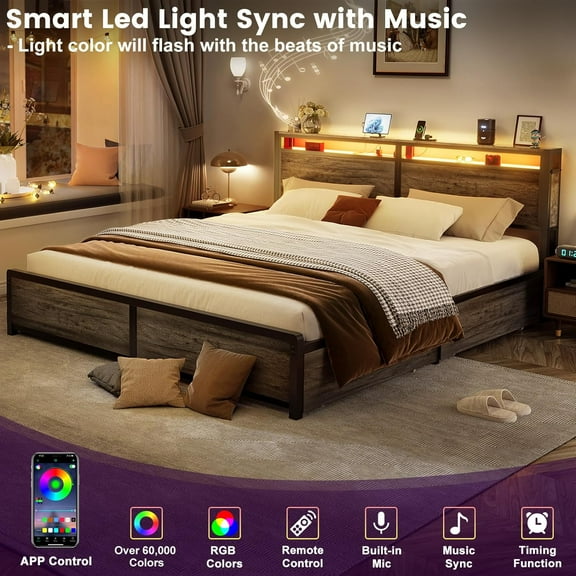 Homieasy King Size Bed Frame with Charging Station and LED Lights, Industrial Platform Bed with Headboard and 4 Storage Drawers, Steel Slat Support, No Box Spring Needed, Easy Assembly, Black Oak