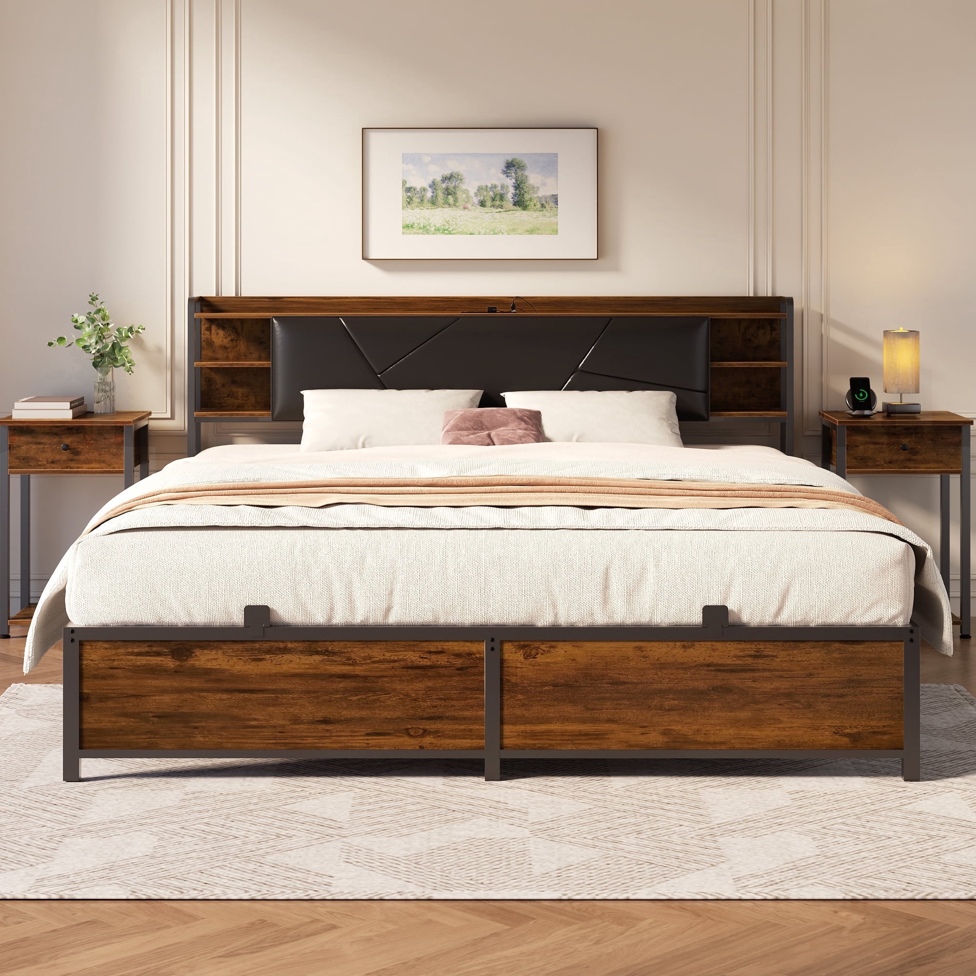 Homieasy King Size Bed Frame with USB Charging & RGB LED Lights, Upholstered Headboard, Metal Slats, No Box Spring, Easy Assembly,Rustic Brown