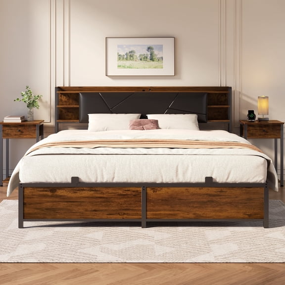 Homieasy King Size Bed Frame with USB Charging & RGB LED Lights, Upholstered Headboard, Metal Slats, No Box Spring, Easy Assembly,Rustic Brown