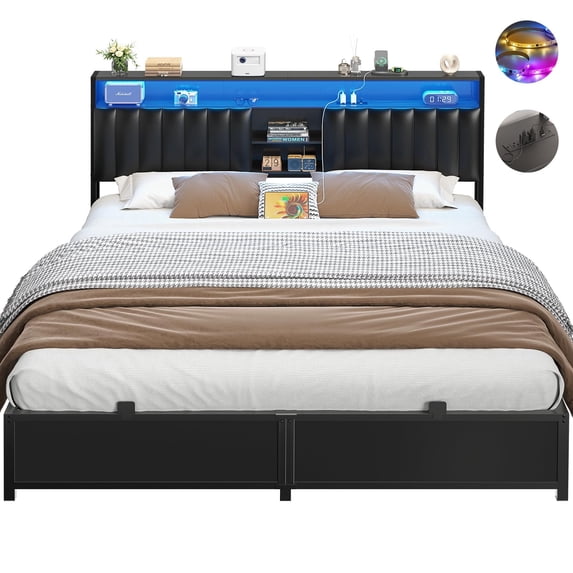 Homieasy King Upholstered Platform Bed with LED Lights and Storage, Black
