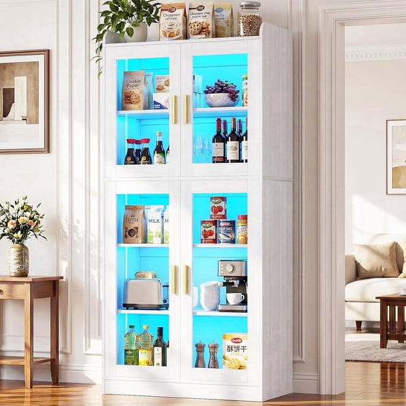 Homieasy Kitchen Pantry Cabinet with LED Light, 67.4'' Tall Storage Cabinet with Glass Doors and Adjustable Shelves, Freestanding Storage Unit for Living Room, Dining Room, White