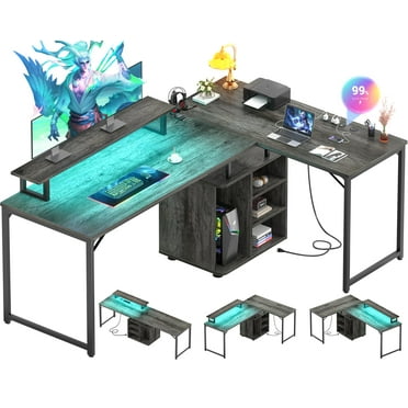 Homieasy L Shaped Computer Desk, 58'' Reversible Gaming Desk with LED Strip & Adjustable Monitor Stand, Office Desk with Cabinet & Outlets, Corner Desk 2 Person Writing Study Table, Black Oak