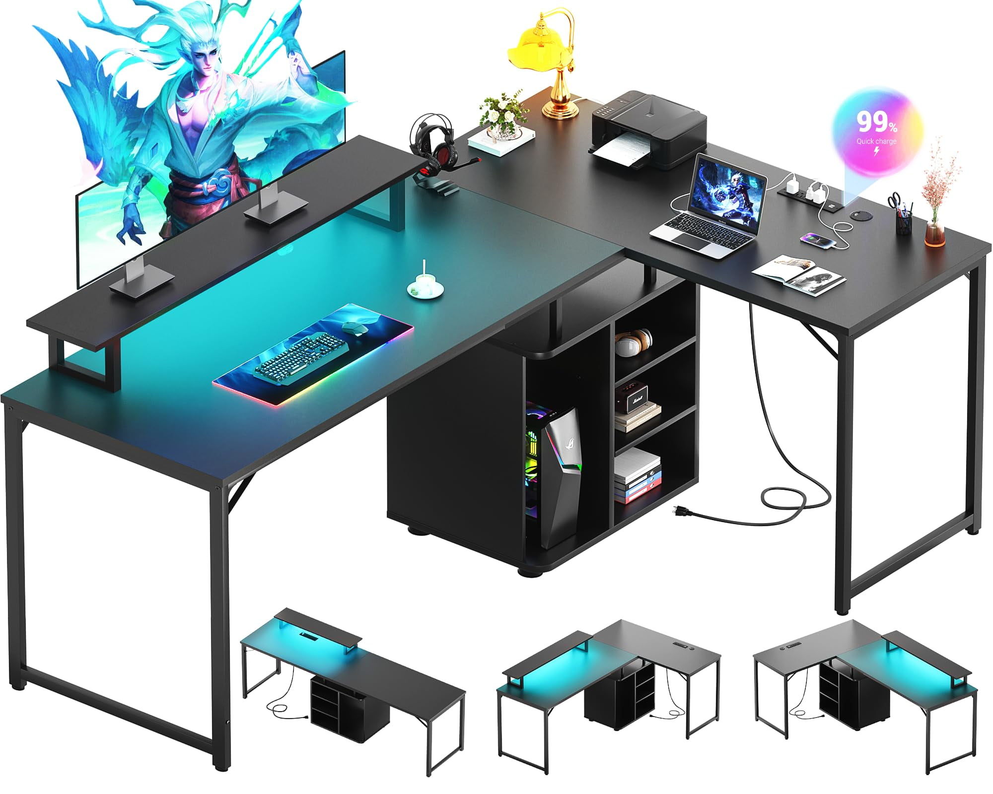 Black L-Shaped Adjustable Gaming Desk with LED and USB Ports