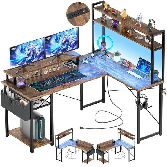 Homieasy L Shaped Computer Desk with Hutch, Reversible Gaming Desk with Monitor Stand & Storage Shelf, Corner Desks Home Office Desk with Power Outlets & LED Lights, Rustic Brown