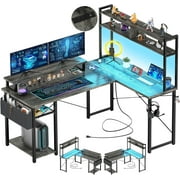 Homieasy L Shaped Computer Desk with Hutch, Reversible Gaming Desk with Monitor Stand & Storage Shelf, Corner Desks Home Office Desk with Power Outlets & LED Lights, Black Oak