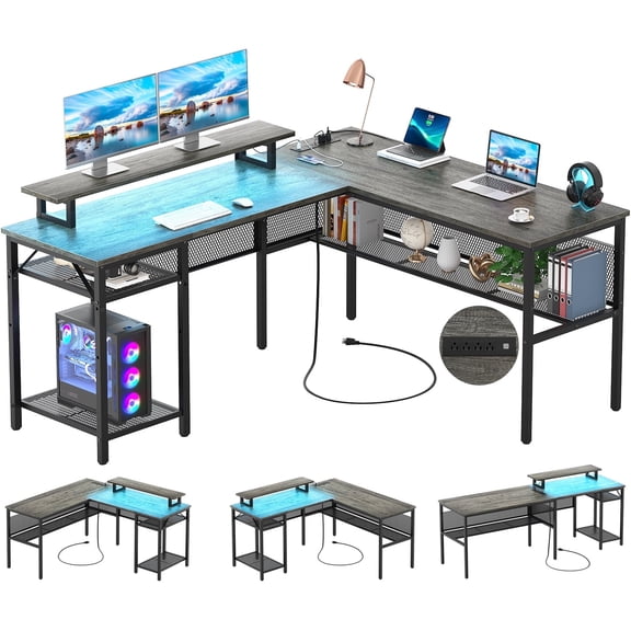 Homieasy L Shaped Computer Desk with Magic Power Outlets and Smart LED Light, Reversible 55 Inch Corner Office Desk with Monitor Stand, Unique Grid Design, Gaming Table with Storage, Black Oak