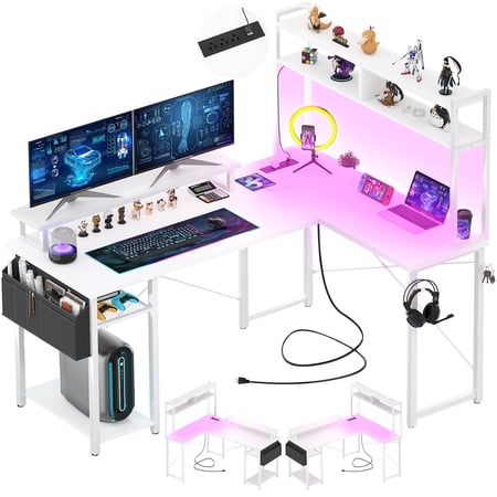 Homieasy L Shaped Computer Desk with Power Outlets & LED Lights, Ergonomic Gaming Desk with Monitor Stand & Storage Shelf, Reversible Corner Desks Home Office Desk with Storage Bag, White