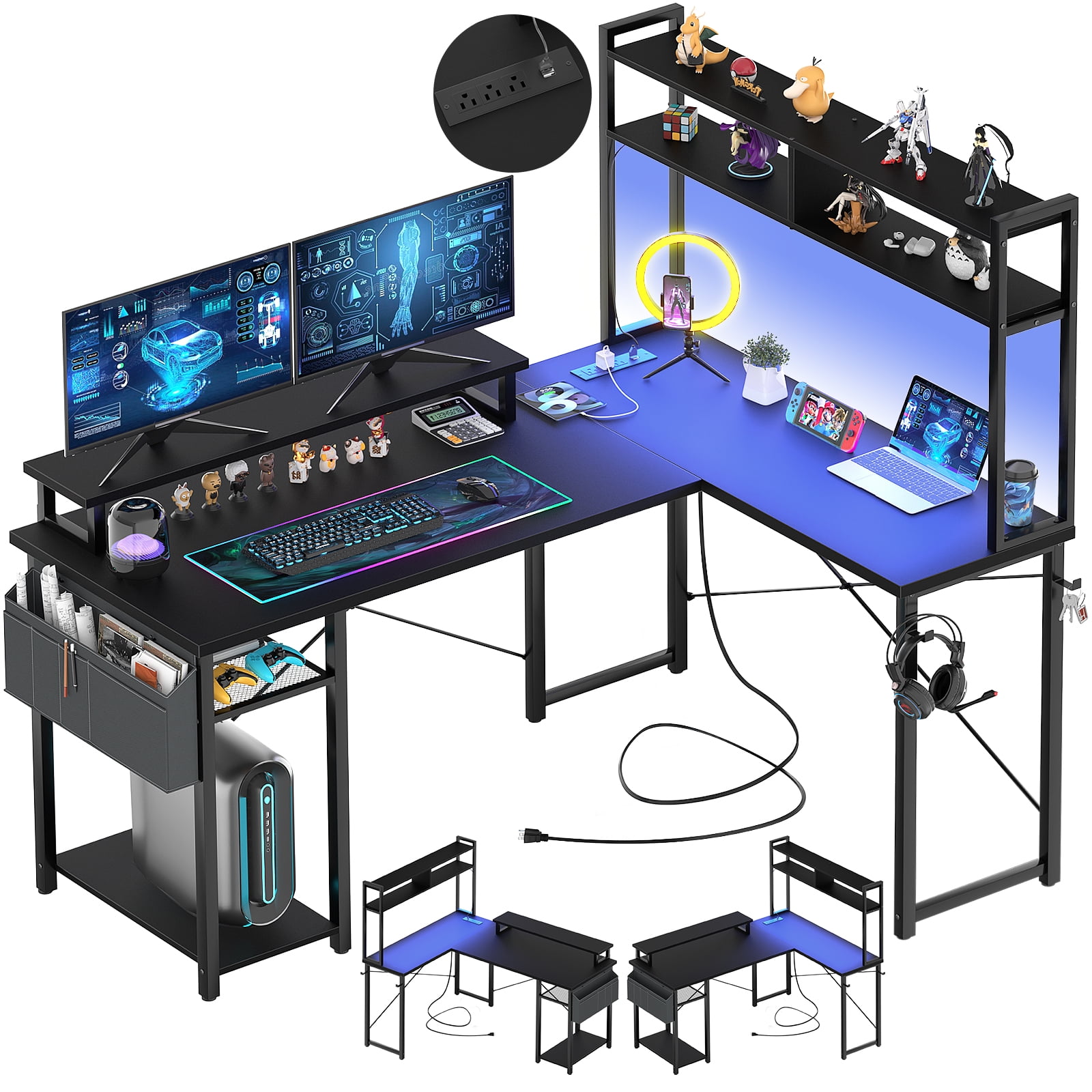Homieasy L Shaped Computer Desk with Power Outlets & LED Lights