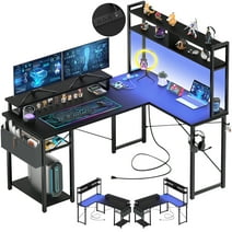 Homieasy L Shaped Computer Desk with Hutch, Reversible Gaming Desk with Monitor Stand & Storage Shelf, Corner Desks Home Office Desk with Power Outlets & LED Lights, Black