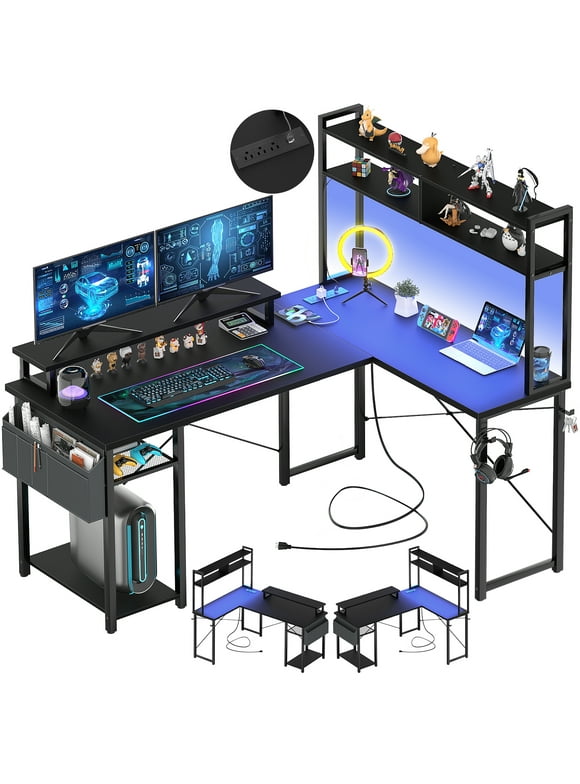 Homieasy L Shaped Computer Desk with Hutch, Reversible Gaming Desk with Monitor Stand & Storage Shelf, Corner Desks Home Office Desk with Power Outlets & LED Lights, Black