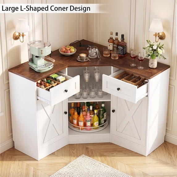 Homieasy L-Shaped Corner Cabinet, Kitchen Pantry Storage Cabinet with Built-In Outlets & 360° Lazy Susan, Farmhouse Coffee Bar Cabinet,Corner Pantry for Kitchen Dining Living Room,White