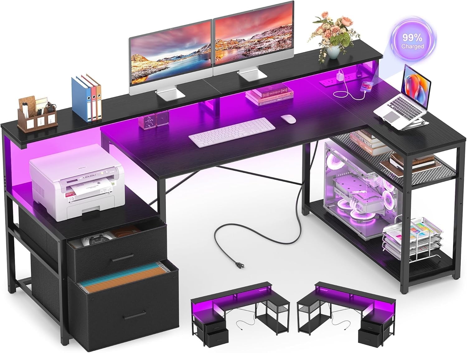 Homieasy L Shaped Desk with Drawer, Reversible L Shaped Gaming Desk with Power Outlet & LED Strip, Home Office Desk with Monitor Shelf, Corner Desk with Storage Shelves,Black