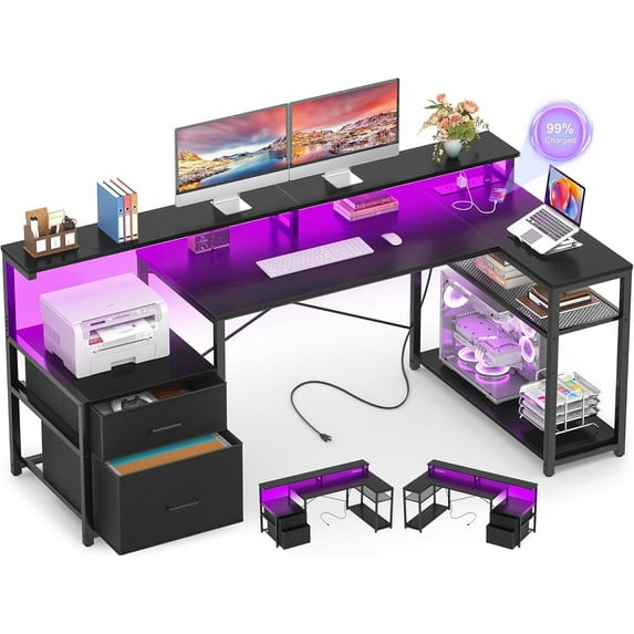 Homieasy L Shaped Desk with Drawer, Reversible L Shaped Gaming Desk with Power Outlet & LED Strip, Home Office Desk with Monitor Shelf, Corner Desk with Storage Shelves,Black