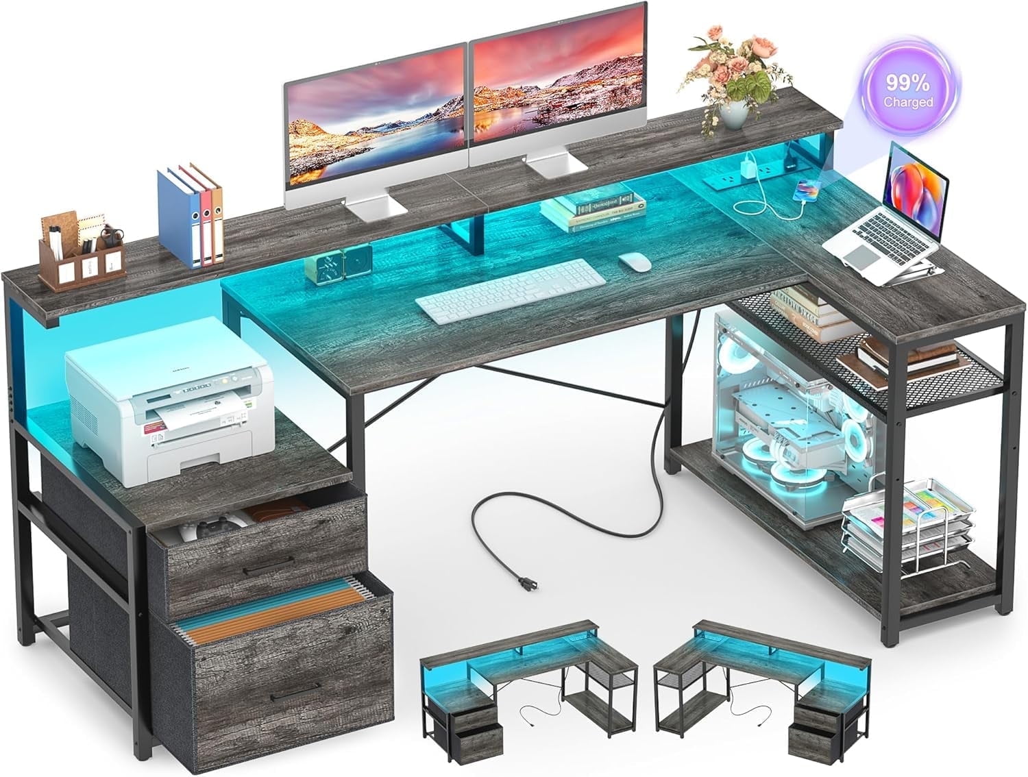 Homieasy L Shaped Desk with Drawer, Reversible L Shaped Gaming Desk with Power Outlet & LED Strip, Home Office Desk with Monitor Shelf, Corner Desk with Storage Shelves,Black Oak