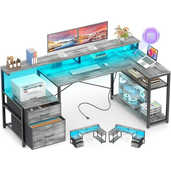 Homieasy L Shaped Desk with Drawer, Reversible L Shaped Gaming Desk with Power Outlet & LED Strip, Home Office Desk with Monitor Shelf, Corner Desk with Storage Shelves,White Oak