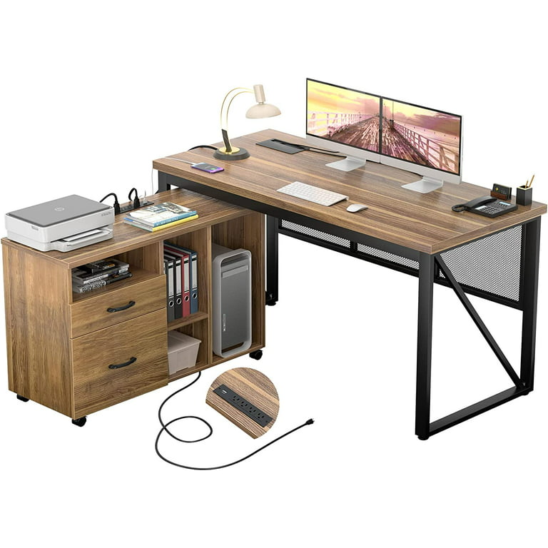 Walnut Desk L Shaped Home Office Desk Wooden Computer Desk with Storage Drawers & Shelf