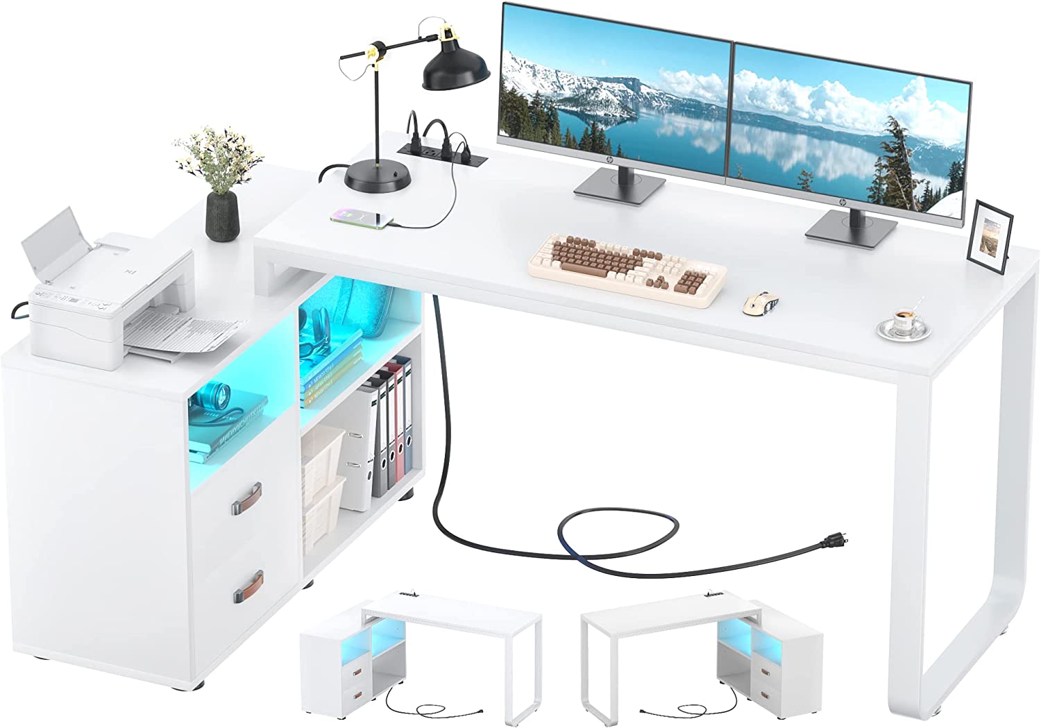 Homieasy L Shaped Desk with Drawers and Power Outlet, 94.5 Inch Gaming
