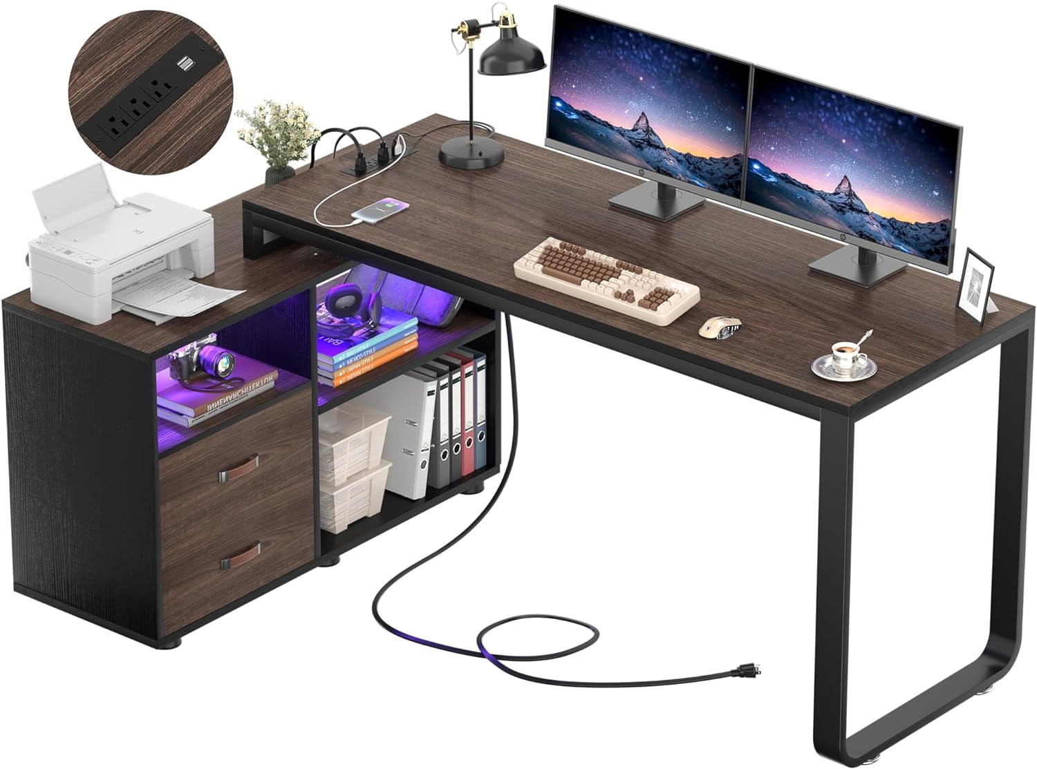 Homieasy L Shaped Desk with File Cabinet & Power Outlet, Reversible 55 ...