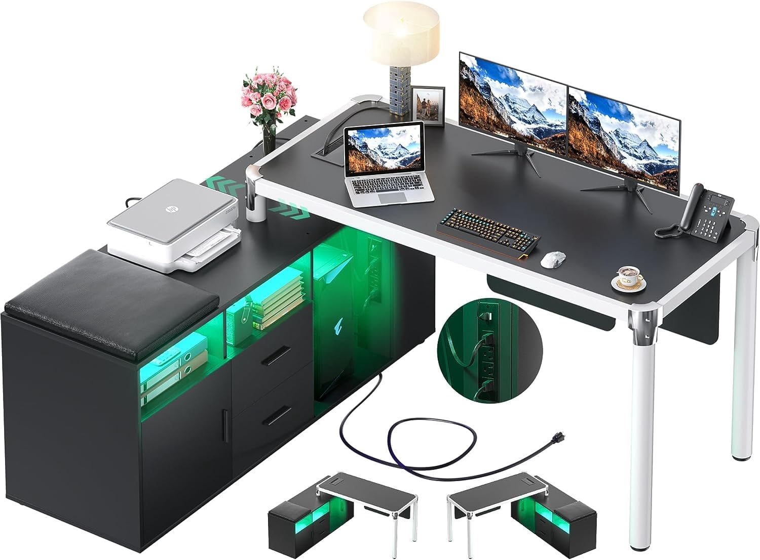 Homieasy L Shaped Desk with File Cabinet and Power Strip, Reversible Corner Office Desk with LED Lights, Large L-Shaped Computer Desk with Drawers for Home Office, Soft Cushion, Black