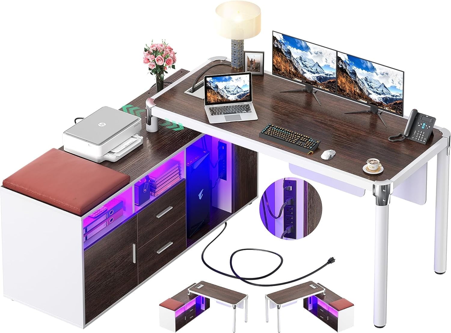 Homieasy L Shaped Desk with File Cabinet and Power Strip, Reversible Corner Office Desk with LED Lights, Large L-Shaped Computer Desk with Drawers for Home Office, Soft Cushion, Espresso