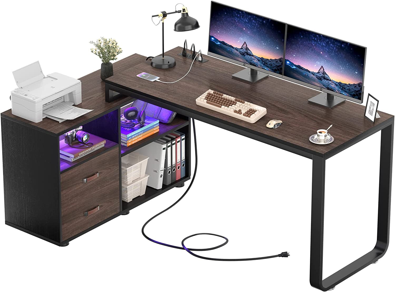 Homieasy L Shaped Desk with File Cabinet & Power Outlet 55 Inch Large ...