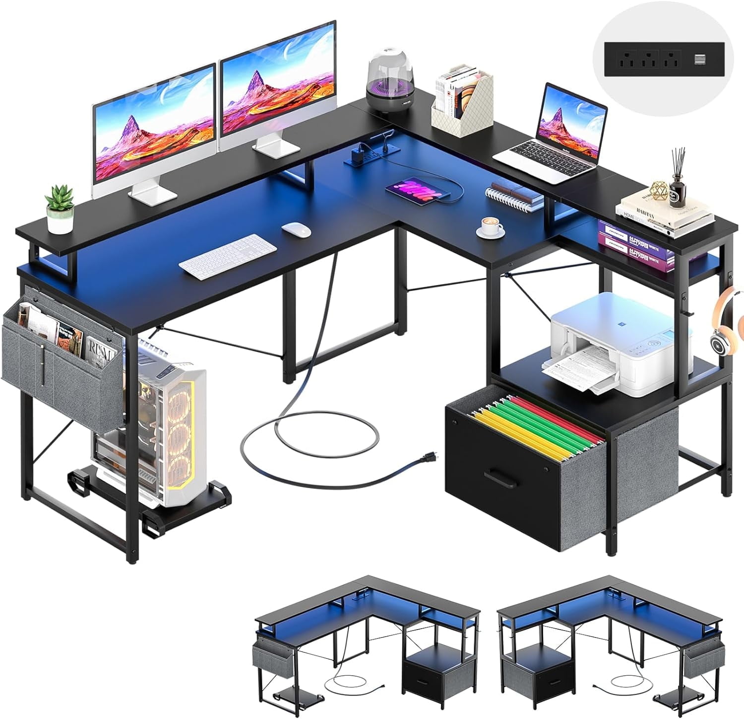 Black L-Shaped Gaming Desk with Drawer and Power Outlet