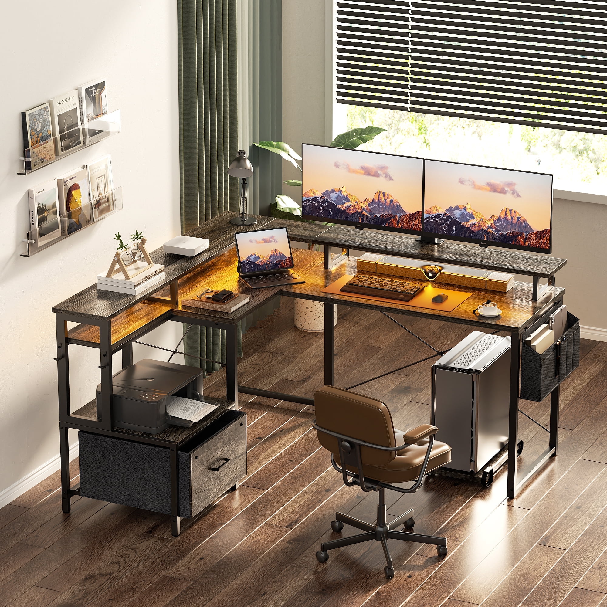 Homieasy L Shaped Desk with File Drawer, Reversible L Shaped Computer Desk with Power Outlet & LED Lights, Home Office Desk Corner Desk with Monitor Shelf and Printer Cabinet, Black Oak