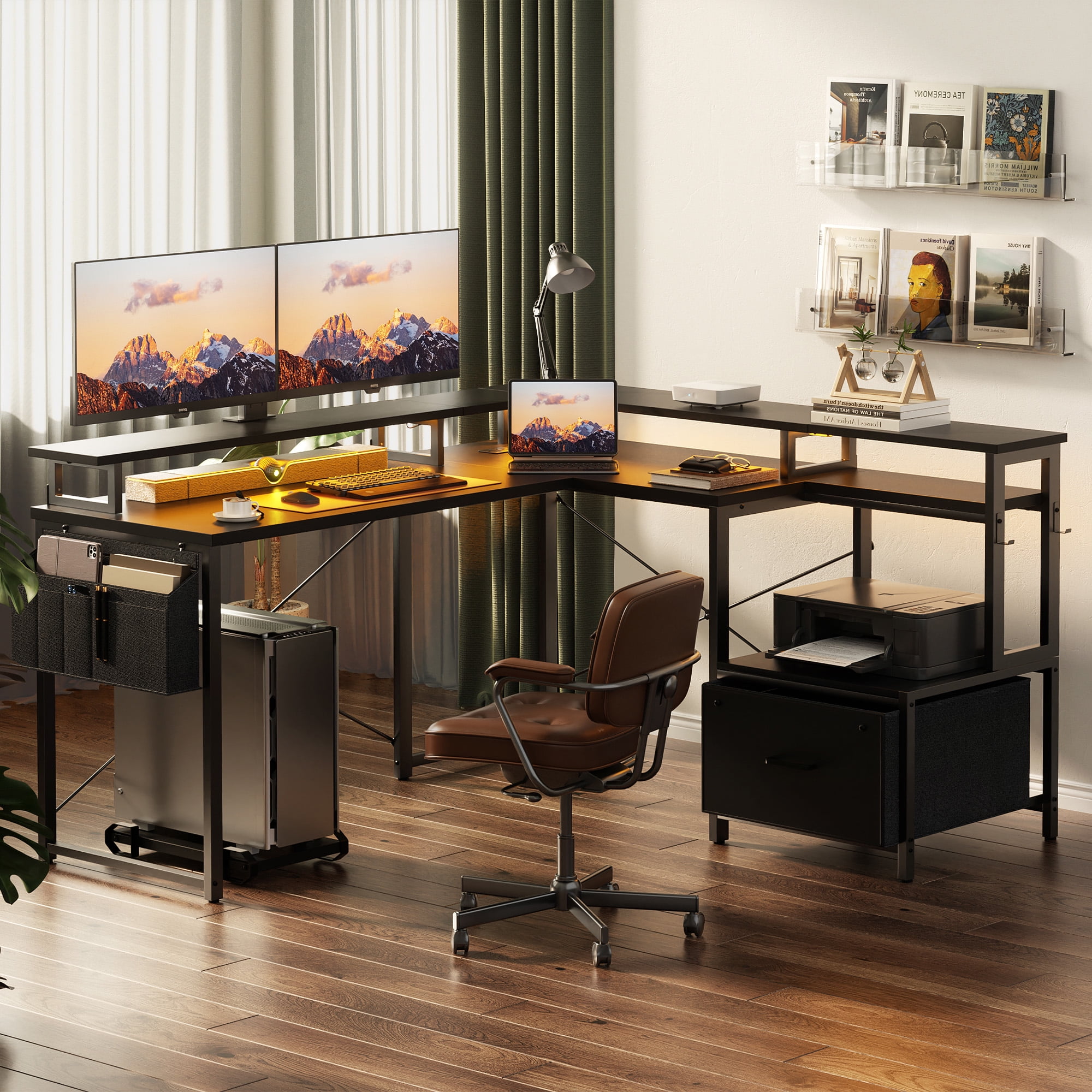 Black L-Shaped Gaming Desk with Drawer and Power Outlet