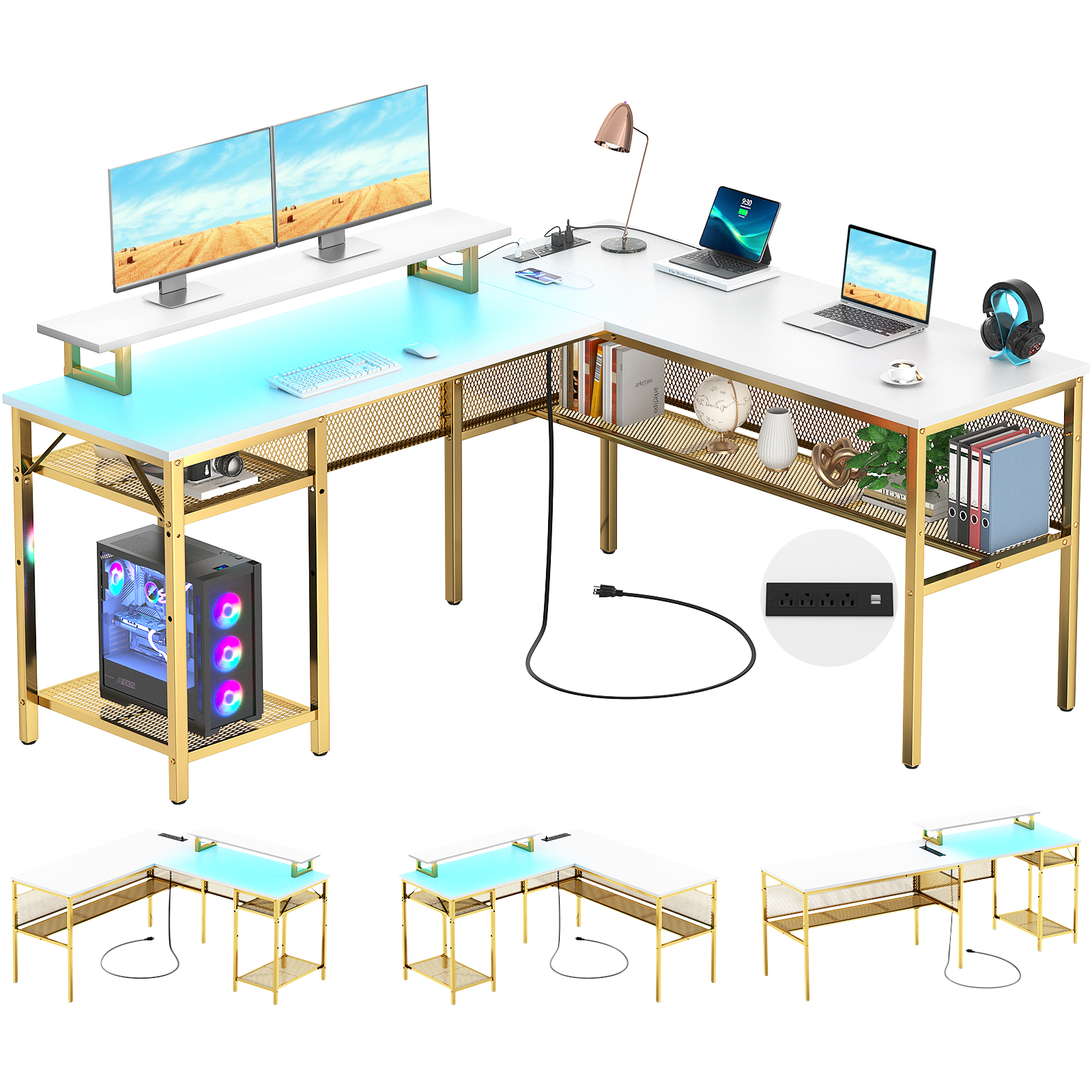 Homieasy L Shaped Desk Gaming Desk with LED Lights & Power Outlets