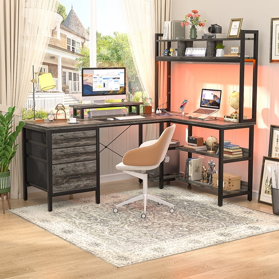 Homieasy 58.7'' L Shaped Computer Desk with Hutch, Power Outlets, LED Lights & Storage Drawers, for Home & Office, Gray Oak