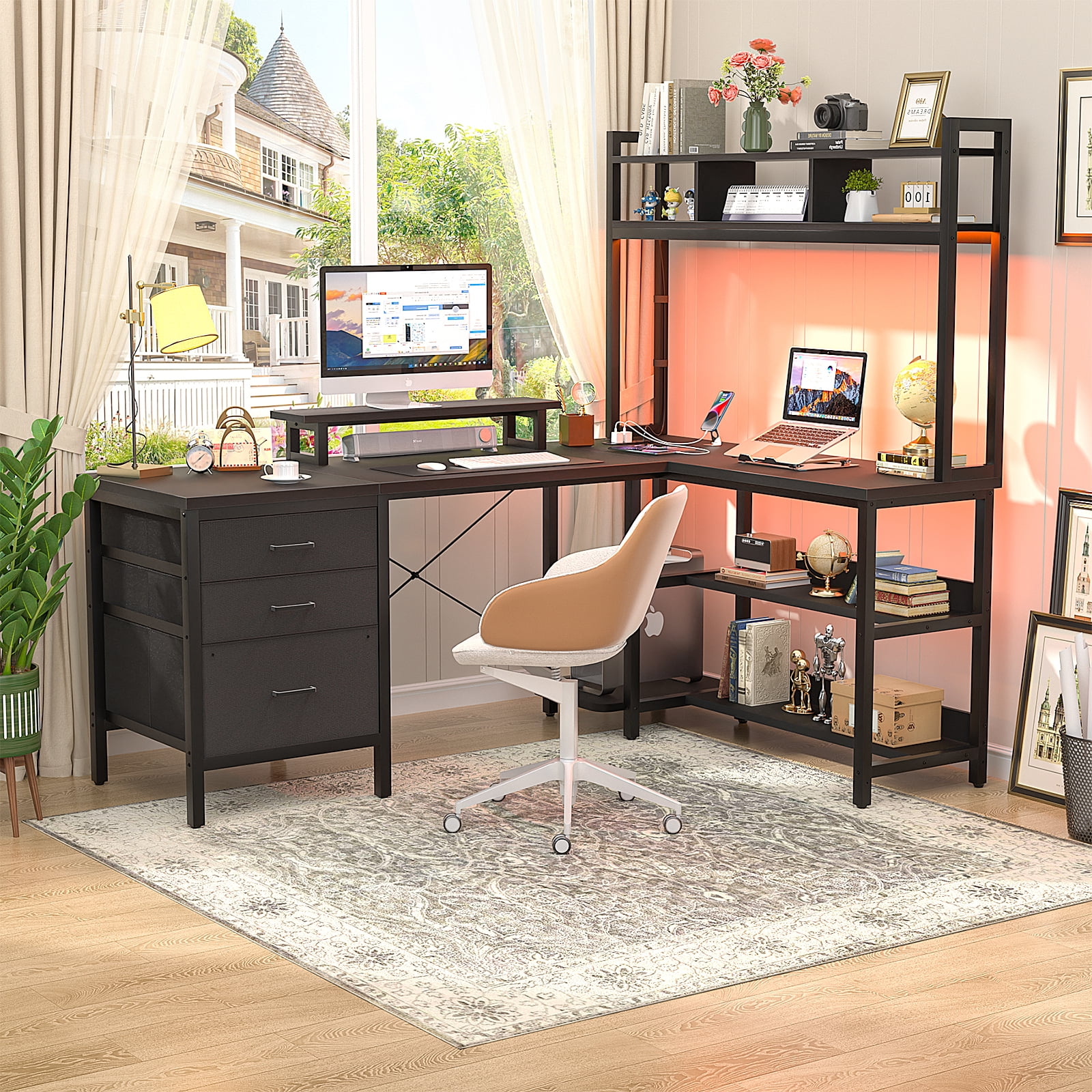Homieasy 58.7'' L Shaped Computer Desk with Hutch, Power Outlets, LED Lights & Storage Drawers, for Home & Office, Black