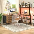 thumbnail image 1 of Homieasy 58.7'' L Shaped Computer Desk with Hutch, Power Outlets, LED Lights & Storage Drawers, for Home & Office, Brown, 1 of 9