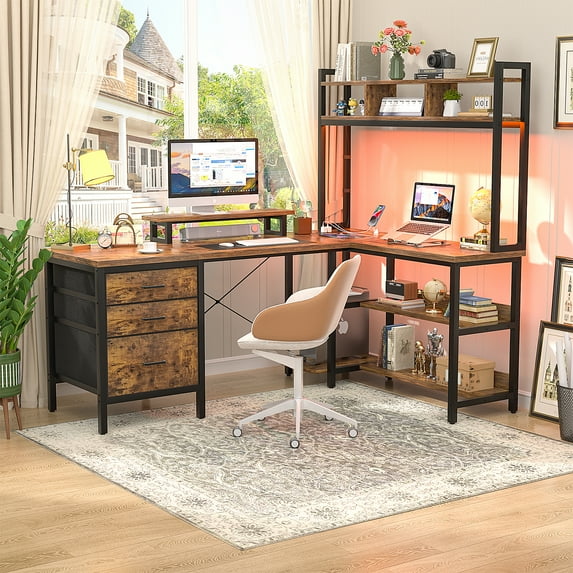Homieasy 58.7'' L Shaped Computer Desk with Hutch, Power Outlets, LED Lights & Storage Drawers, for Home & Office, Brown