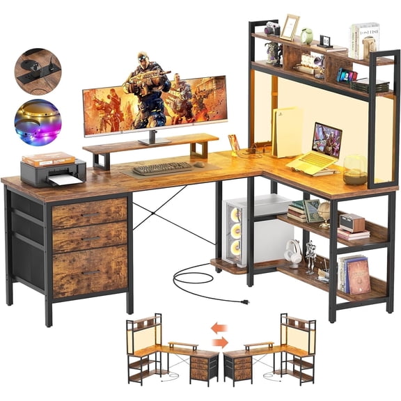 Homieasy L Shaped Desk with Hutch, Gaming Desk with Led Lights, Reversible Computer Desk with Power Outlet, Corner Desk with File Drawer & Monitor Stand, Storage Shelves for Home Office, Rustic Brown