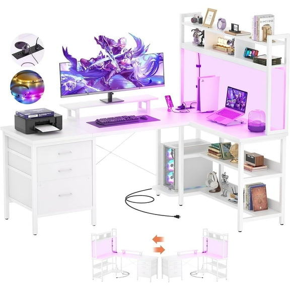 Homieasy L Shaped Desk with Hutch, Gaming Desk with Led Lights, Reversible Computer Desk with Power Outlet, Corner Desk with File Drawer & Monitor Stand, Storage Shelves for Home Office, White