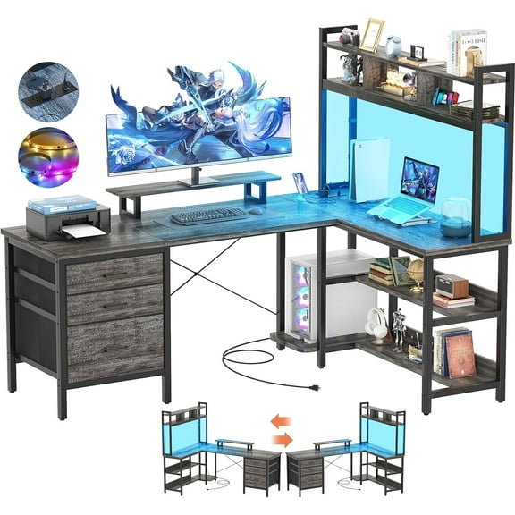 Homieasy L Shaped Desk with Hutch, Gaming Desk with Led Lights, Reversible Computer Desk with Power Outlet, Corner Desk with File Drawer & Monitor Stand, Storage Shelves for Home Office, Black Oak