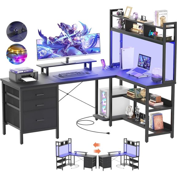 Homieasy L Shaped Desk with Hutch, Gaming Desk with Led Lights, Reversible Computer Desk with Power Outlet, Corner Desk with File Drawer & Monitor Stand, Storage Shelves for Home Office, Black