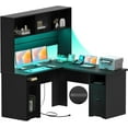 thumbnail image 1 of Homieasy L Shaped Desk with Power Outlet and LED Lights, 60 Inch Large Corner Computer Desk with Drawers and Hutch, Sturdy L-Shaped Office Desk with Storage Shelves and File Cabinets, Black, 1 of 8