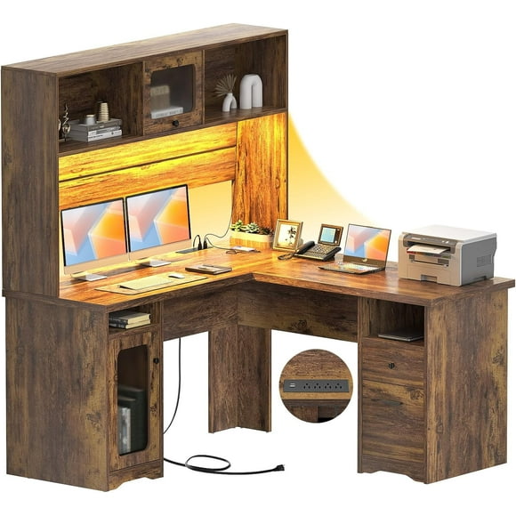 Homieasy L Shaped Desk with Power Outlet and LED Lights, 60 Inch Large Corner Computer Desk with Drawers and Hutch, Sturdy L-Shaped Gaming Desk with Storage Shelves and File Cabinets, Rustic Brown