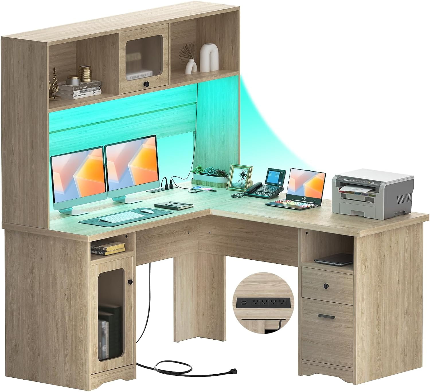 Homieasy L Shaped Desk with Power Outlet and LED Lights, 60 Inch Large ...