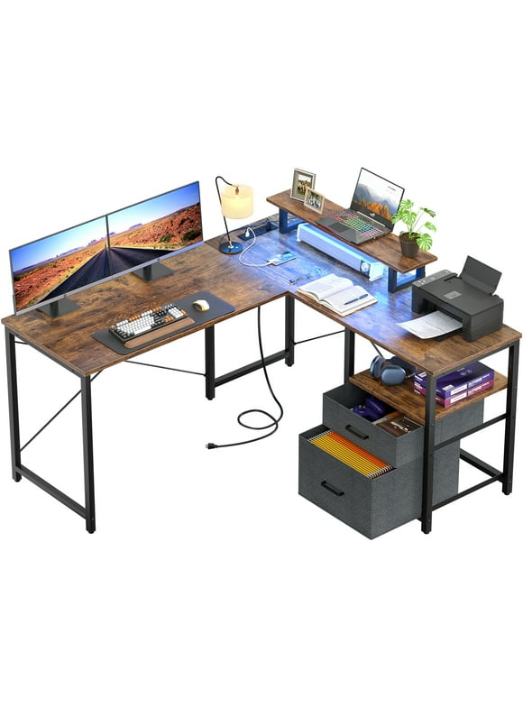 Homieasy L Shaped Desk with Power Outlet and LED Lights, Reversible Corner Computer Desk with Drawers and Storage Shelf, Ergonomic L-Shaped Gaming Desk with Monitor Stand for Home Office, Rustic Brown