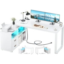 Homieasy L Shaped Desk with Power Outlet and LED Strip, 55 Inch Reversible L-Shaped Gaming Desk with Drawers and Storage Shelves, Large Corner Computer Desks with File Cabinet, White