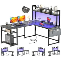 Homieasy L Shaped Desk with Power Outlet & LED Strip, 86.6'' Reversible L-Shaped Gaming Desk with Storage Shelf & Monitor Stand, 2 Person Corner Computer Desk with Hutch for Home Office, Grey Oak