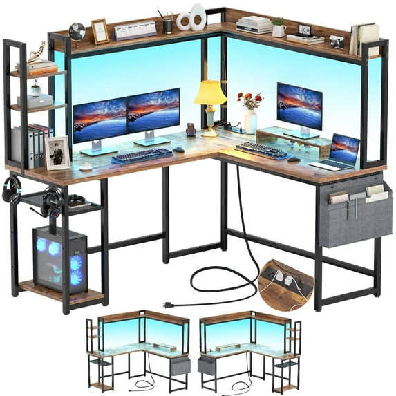 Homieasy L Shaped Desk with Power Outlet and LED lights, Ergonomic L-Shaped Gaming Desk with Monitor Stand, Reversible Corner Computer Desk with Hutch and Storage Shelf for Home Office, Rustic