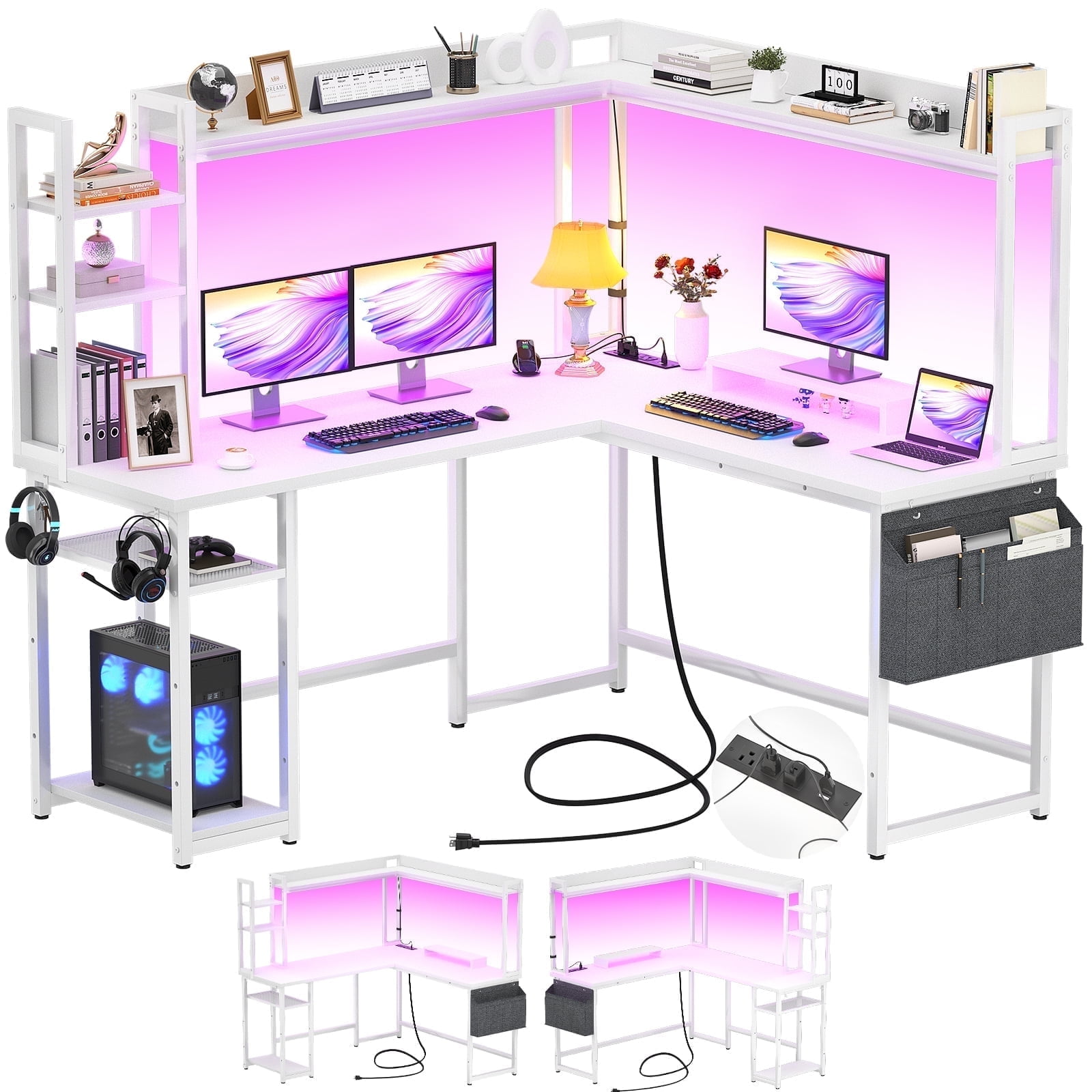 Homieasy L Shaped Desk with Power Outlet and LED lights, Ergonomic L-Shaped Gaming Desk with Monitor Stand, Reversible Corner Computer Desk with Hutch and Storage Shelf for Home Office, White