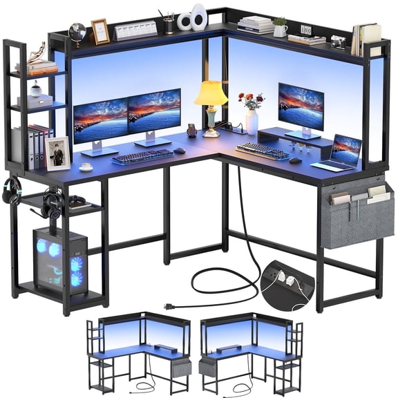 Homieasy L Shaped Desk with Power Outlet and LED lights, Reversible Corner Computer Desk with Hutch and Storage Shelf, Ergonomic L-Shaped Gaming Desk with Monitor Stand for Home Office, Black