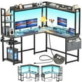 thumbnail image 1 of Homieasy L Shaped Desk with Power Outlet and LED lights, Reversible Corner Computer Desk with Hutch and Storage Shelf, Ergonomic L-Shaped Gaming Desk with Monitor Stand for Home Office, Black Oak, 1 of 7